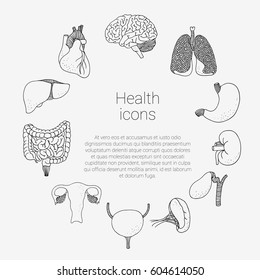 Health icons set, vector collection of human internal organs isolated on light background