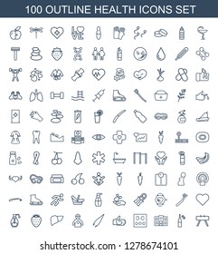 health icons. Trendy 100 health icons. Contain icons such as fintess equipment, ampoule, hospital building, eye test, hand with heart, tweezers. health icon for web and mobile.