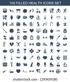 health icons. Trendy 100 health icons. Contain icons such as eye, bandage, barbell, injection, heartbeat search, tooth brush, heart, shower, injection rash. health icon for web and mobile.