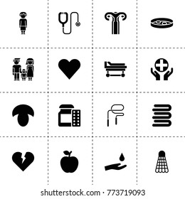 Health icons. vector collection filled health icons. includes symbols such as mushroom, apple, drop in hand, towels, broken heart, family. use for web, mobile and ui design.