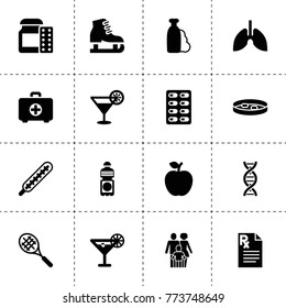 Health icons. vector collection filled health icons. includes symbols such as apple, shampoo, cocktail, family, first aid kit, thermometer. use for web, mobile and ui design.