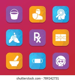 Health icons. vector collection filled health icons set.. includes symbols such as medical bowl, insurance, bucket, grandmother. use for web, mobile and ui design.