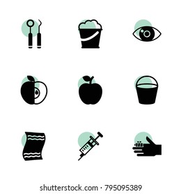 Health icons. vector collection filled health icons set.. includes symbols such as apple, bucket, eye, syringe, bandaged finger. use for web, mobile and ui design.