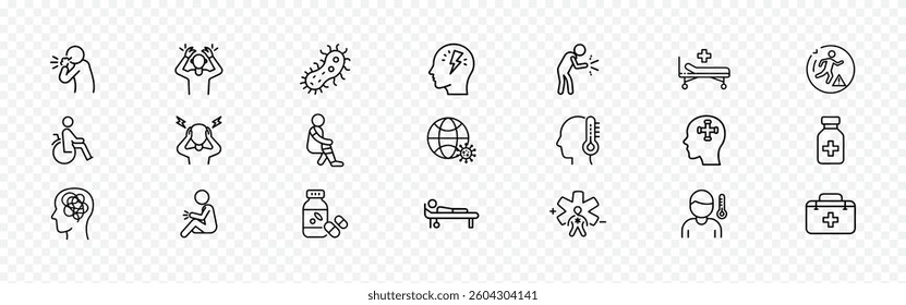 Health and Illness Icons Set for Medical Awareness and Recovery, Wellness Icon Set- Collection Featuring Yoga, Meditation and Health Symbols
