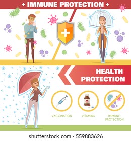 Health and immune protection horizontal banners with umbrella as symbol of vaccination and vitamins help flat vector illustration  