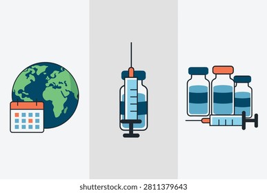 Health and immunization concept icons featuring the planet earth, a medical calendar, vaccine vials, and a syringe on a light background.