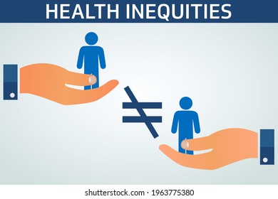 Health Inequities Illustration Vector Flat Banner. Two Man Standing On Palm Of The Hand, And Equals Symbol. Discrimination, Injustice And Equity Concept.