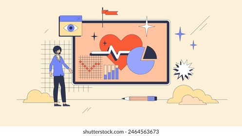 Health informatics and medicine system tiny person neubrutalism concept. Medical care, treatment, prescription database and diagnosis software for effective healthcare management vector illustration.