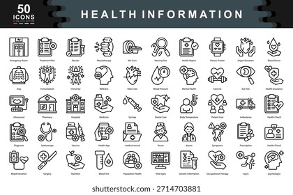 The Health Information icon set represents core aspects of medical records, diagnostics, and wellness monitoring, ideal for healthcare apps, insurance portals, and hospital systems.