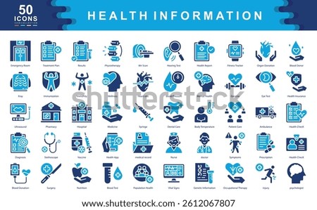 The Health Information icon set represents core aspects of medical records, diagnostics, and wellness monitoring, ideal for healthcare apps, insurance portals, and hospital systems.