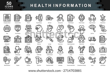 The Health Information icon set represents core aspects of medical records, diagnostics, and wellness monitoring, ideal for healthcare apps, insurance portals, and hospital systems.