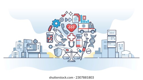 Health information technology and medical care IT complex outline concept. Patient digital history, prescriptions, treatment or diagnosis records vector illustration. Clinic e-health service elements