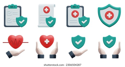 Health insurance 3d vector icon set  Checklist  contract  hand  hands  healthcare  health  medical  shield  Isolated white background  3d icon vector render illustration 