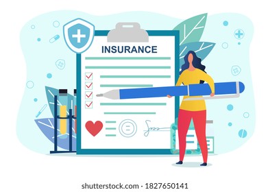 Health insurance abstract concept with a woman standing in front of a giant medical insurance policy with a pen in her hands. Flat colorful vector illustration