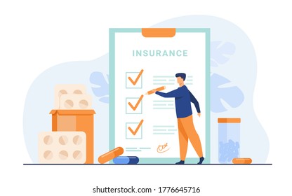 Health insurance agreement. Man studying insurance list among medical drugs and hospital pills. Can be used for health protection, security, health care. Money concepts