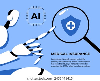 Health insurance with AI robot. Protection concept. Healthcare with artificial intelligence. Boosting immune system. Flat vector illustration.