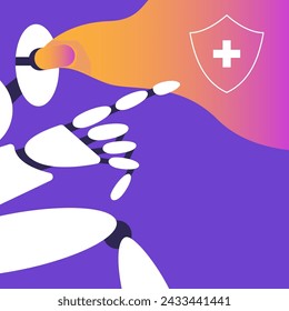 Health insurance with AI robot and virtual reality. Protection concept for human. Healthcare with artificial intelligence. Flat vector illustration.