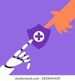 Health insurance app with AI robot and human. Protection concept. Healthcare with artificial intelligence. Flat vector illustration.