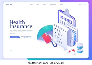 Health insurance banner. Concept of healthcare, personal medical protection. Vector landing page with cartoon illustration of clipboard with claim form, umbrella, heart, calculator and pharmacy drugs