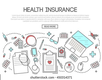 Health insurance banner in linear style with table top view of different medical and hospital icons. Medical insurance as concept of healthcare. Can be used for ad, promotion, web design, background