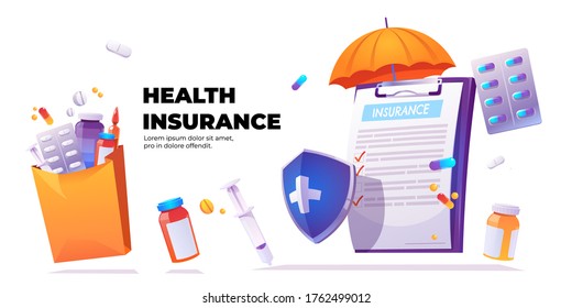 Health insurance banner. Vector poster with cartoon illustration of clipboard with claim form, shield with cross, umbrella and pharmacy drugs. Healthcare concept with medical insurance