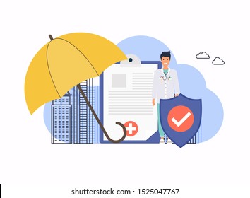 Health Insurance. Big Clipboard With Document On It Under The Umbrella. Flat Design Modern Vector Illustration Concept.