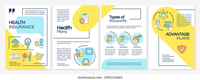 Plantilla de folleto de gradiente azul y amarillo del seguro de salud. Diseño de folleto con iconos lineales. 4 diseños de Vector editables para presentación, informes anuales