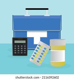 health insurance and calculator with medical kit