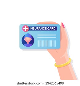 Health insurance card with cross icon isolatad on background. Medical documents in hand, clinic paper for life protection. Vector flat design