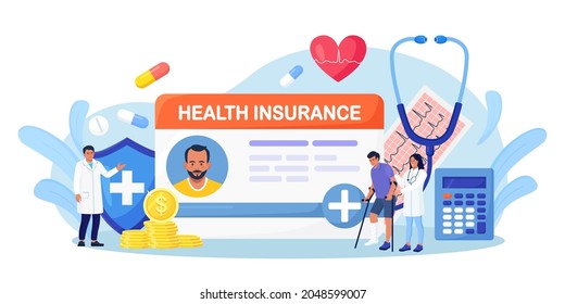 Health Insurance Card with Pills, Stethoscope. Doctor Consulting Disabled Patient with Broken Leg in Hospital Office. Protection of Health and Life with Document. Insurance Case. Vector Illustration
