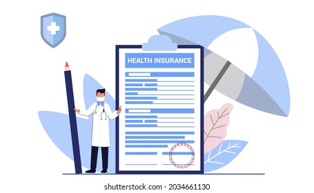 Health insurance claim form concept Big clipboard with document on it under the umbrella Healthcare Finance and medical service Family insurance vector illustration in cartoon style Medical form