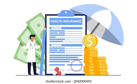 Health insurance claim form concept Big clipboard with document on it under the umbrella Healthcare Finance and medical service Family insurance vector illustration in cartoon style Medical form