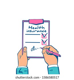 Health insurance claim form hold in hand. Healthcare concept. Vector illustration sketch design. Life planning. Medical clipboard claim form with pencil. Protection document. 