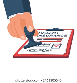 Health insurance claim form. A man puts a stamp on a document. Healthcare concept. Vector illustration isometric design style. Life planning. Medical clipboard claim form. Protection document. 