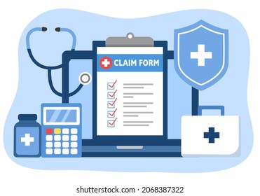 Health Insurance Claim Form With Medicine, Calculator, Stethoscope And Medical Shield On Laptop Computer In Flat Design. Online Medical Insurance Service Concept.