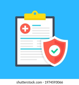 Health insurance. Clipboard with medical document and shield with check mark. Medical insurance benefits. Modern flat design graphic elements. Vector illustration