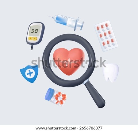 Health insurance concept, 3d render vector illustration. In a magnifying glassholding heart with pulse and healthcare medical icon, health and access to welfare health concept. Pills, glucometer