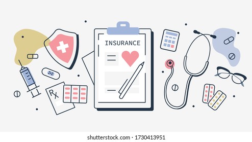 Health Insurance Concept Banner. Doctors Workplace with Health Insurance Policy Contract,  Stethoscope, Pills, Capsules and Other Medical Things.  Flat Line Cartoon Vector Illustration.