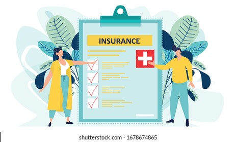 Health insurance concept. Big clipboard with document on it. Healthcare, finance and medical service. Isolated flat vector illustration in cartoon style.