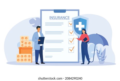 Health insurance concept. Big clipboard with document and umbrella  in flat design. Healthcare, finance and medical service. Vector illustration about health insurance.