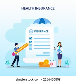 Health insurance concept. Big clipboard with document on it under the umbrella. vector illustration