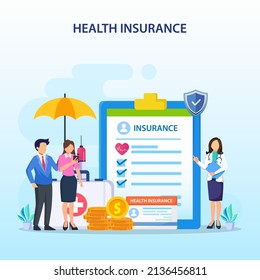 Health insurance concept. Big clipboard with document on it under the umbrella. vector illustration