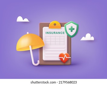 Health insurance concept. Big clipboard with document on it under the umbrella. Healthcare, finance and medical service. 3D Web Vector Illustrations. 