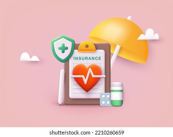 	
Health insurance concept. Big clipboard with document on it under the umbrella. Healthcare, finance and medical service. 3D Web Vector Illustrations.