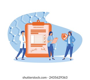 Health insurance concept. Big clipboard with document on it under the umbrella. Healthcare, finance and medical service. flat vector modern illustration 