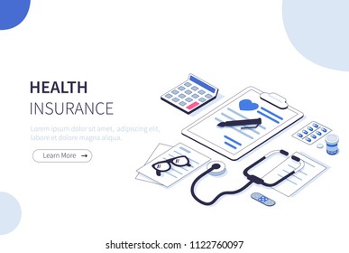 Health insurance concept. Can use for web banner, infographics, hero images.  Flat isometric vector illustration isolated on white background.