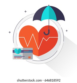 Health insurance concept – Health care info graphics elements in flat style icons such as heart, umbrella, insurance card. Can be used for medical banner, hospital poster. Vector illustration.