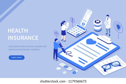 Health insurance concept with characters. Can use for web banner, infographics, hero images. Flat isometric vector illustration.