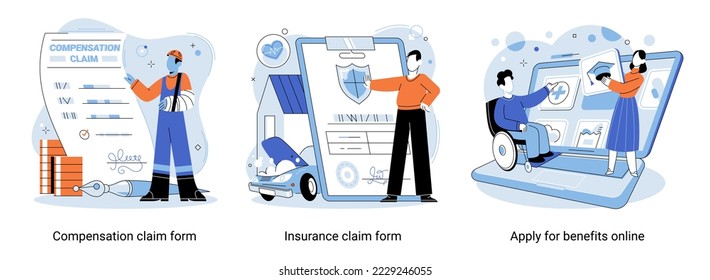 Health insurance concept with claim form and patient. Apply for benefits online. Compensation claim form. Healthcare, finance and medical service. Social assistance and protection to insured persons