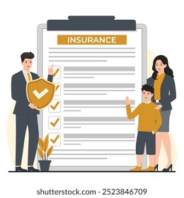 Conceito de seguro de saúde Formulário de reclamação de seguro com a família. Ilustração vetorial em estilo plano.